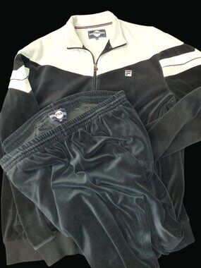 Fila Mens 3XL Black & White Velour Tracksuit Set Jacket & Pants